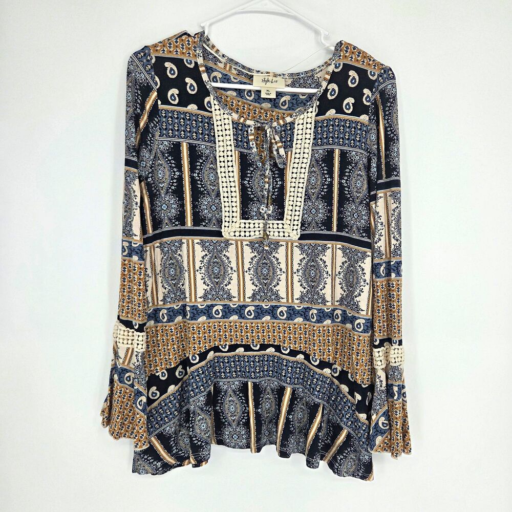 Style & Co Womens XL Blue Tan Paisley Round Neck Bell Sleeve Crochet Boho Blouse